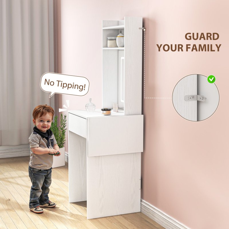 HOMCOM Small Dressing Table with Mirror and Adjustable LED Lights, Modern Vanity Desk with Drop Leaf, Open Shelves and Drawer, Compact Makeup Table for Small Spaces, Bedroom, White