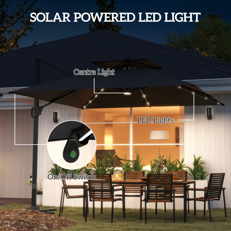 Outsunny 3.5x3 m Garden Cantilever Parasol with Solar LED Lights and Centre Light, UPF50+ Aluminium Patio Umbrella with 360 Rotation and Tilt, Hanging Sun Shade with Cross Base, Crank Handle, Black