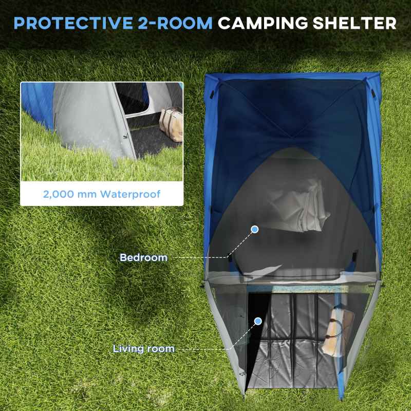 Outsunny 2 Man Camping Tent, Dome Tent with Bedroom and Living Room, 2000mm Waterproof, Portable with Bag, for Fishing Hiking Festival, Blue