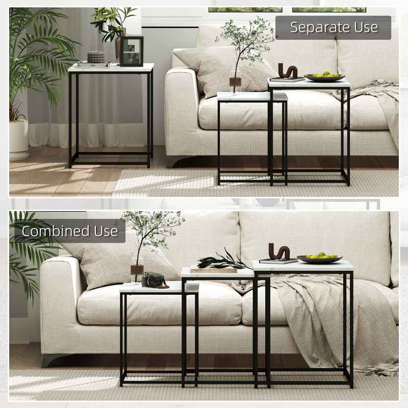 HOMCOM Nesting Tables Set of 3, Side End Table with Faux Marble Effect Top and Steel Legs for Living Room, Bedroom, White
