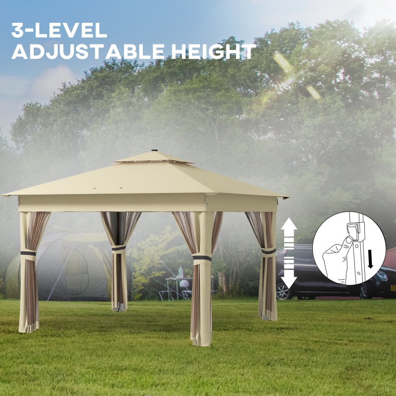 Outsunny 3 x 3(m) Pop Up Gazebo with Sides, 20 Solar-Powered LED Lights, Netting, Roller Bag, 4 Weight Bags, Marquee Party Tent, Height Adjustable Instant Event Shelter, Khaki