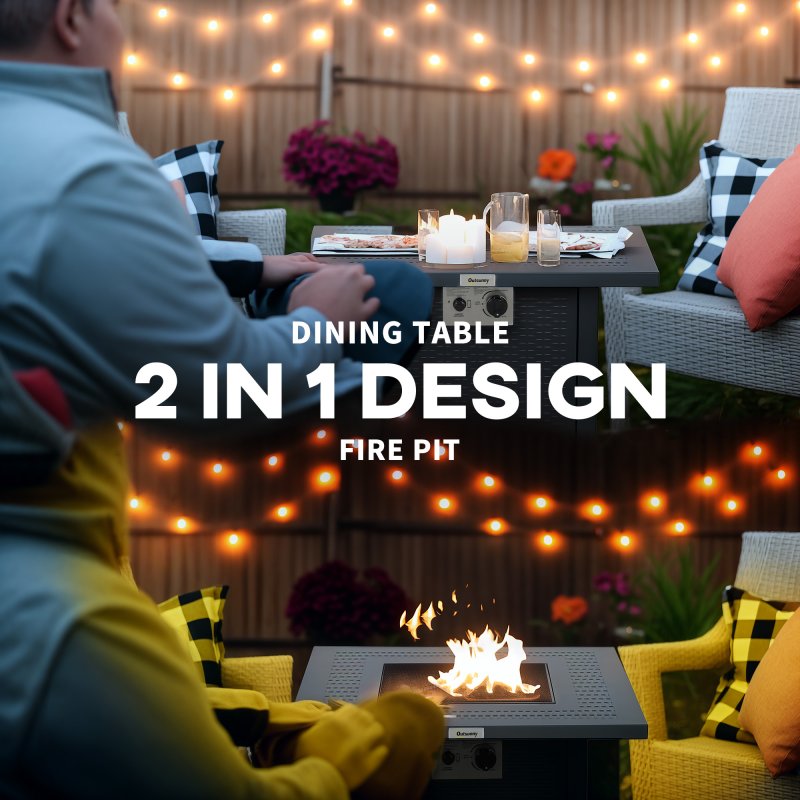 Outsunny Square Propane Gas Fire Pit Table, 40000 BTU Rattan Smokeless Firepit Patio Heater with Lava Rocks and Lid, 71cm x 71cm x 62cm, Dark Grey