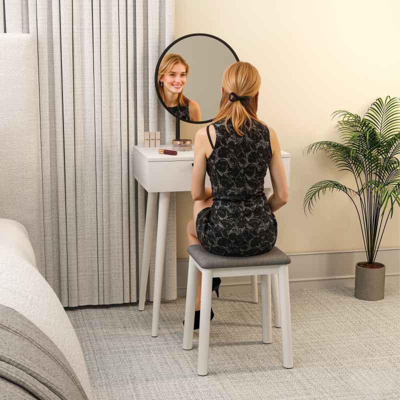 HOMCOM Dressing Table with Mirror and Stool, Vanity Makeup Desk Set with 2 Drawers, Cushioned Stool and Make-up Organiser for Bedroom and Dressing Room, 60 x 40 x 123 cm, White