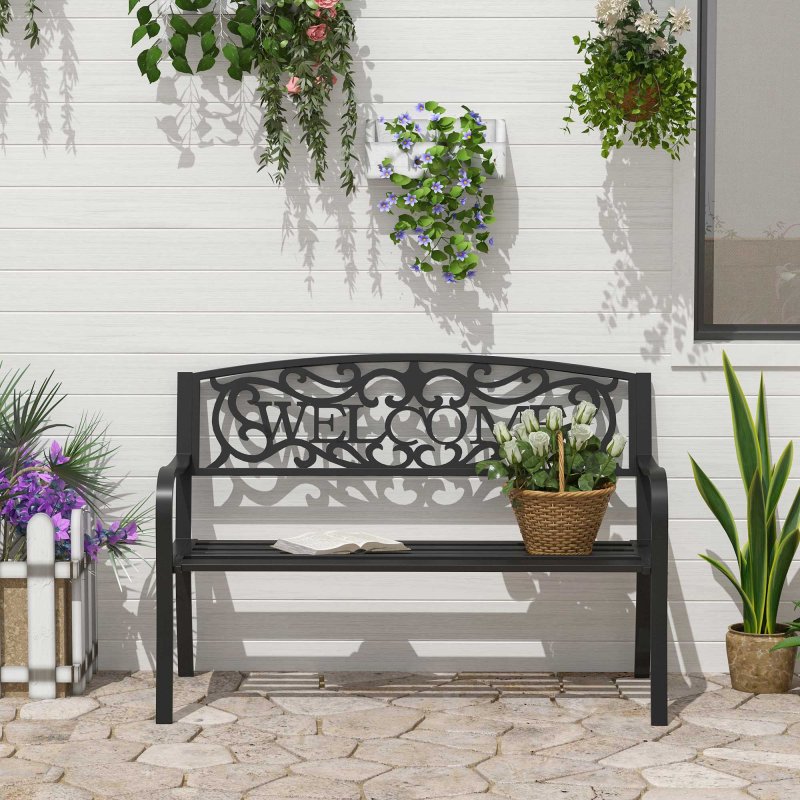 Outsunny Garden Bench, Metal Outdoor Bench Seat, 2 Seater Patio Loveseat with Welcome Backrest, Armrests and Slatted Seat, 240 KG Capacity for Park, Porch, Black