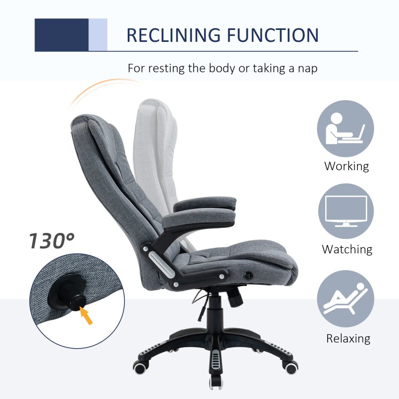 Vinsetto Executive Office Chair, Linen Ergonomic Desk Chair, Swivel Computer Chair with 130° Reclining Back, Adjustable Height and Armrests for Home and Work, Grey