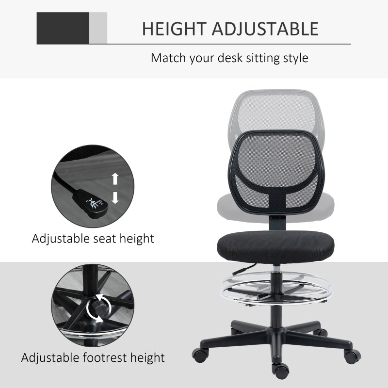 Vinsetto Drafting Chair, Standing Desk Chair, Painting Chair with Adjustable Height, Footrest Ring, Black