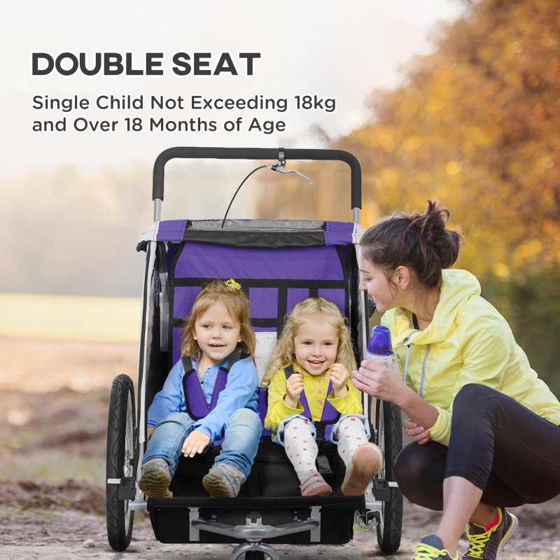 HOMCOM Child Bike Trailer, Baby Bicycle Trailer for 2 Kids with 5 Point Harness, Steel Frame, Reflectors, Safety Flag, Hitch Coupler, Purple