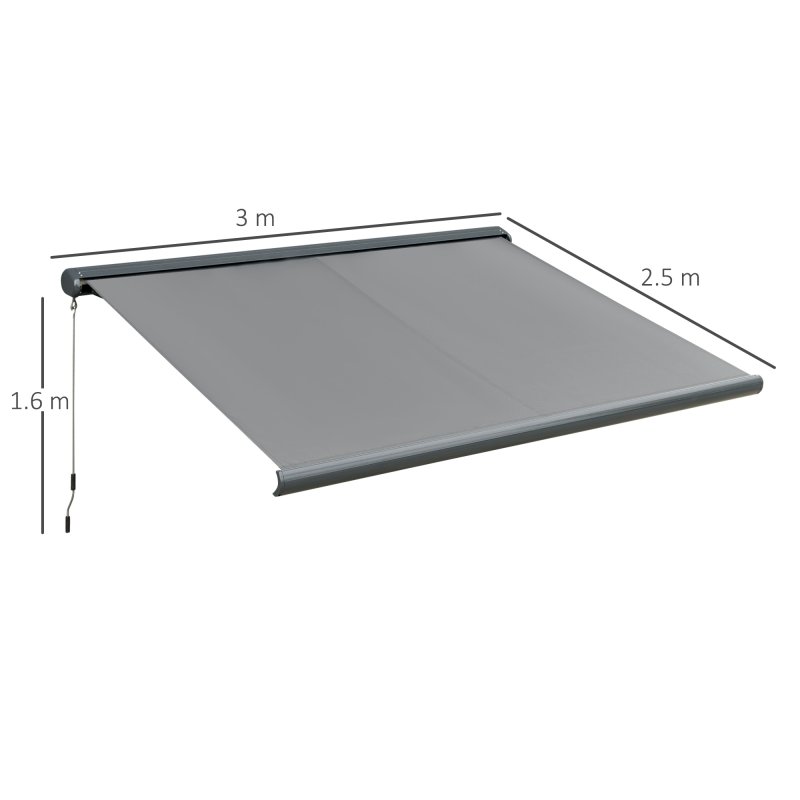 Outsunny 3x2.5m LED Light Full Cassette Case Electric/Manual Awning Door Window Sun Shade Patio Canopy Retractable w/ Remote Grey