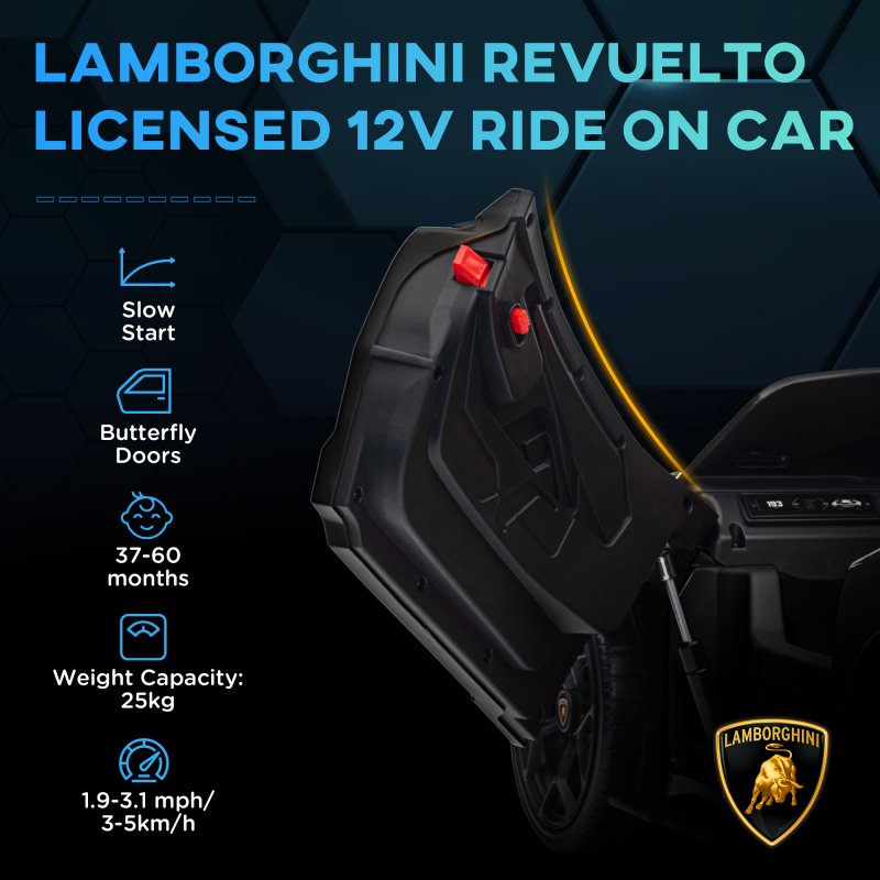 AIYAPLAY Lamborghini Revuelto Licensed Electric Car for Kids with Butterfly Doors, 12V Kids Electric Ride On with Suspension, Remote Control, LED Lights, Horn, USB, MP3 for 3-5 Years, Black