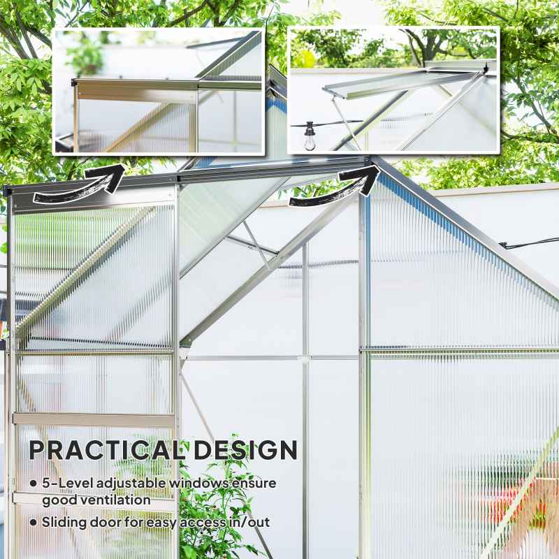 Outsunny Polycarbonate Greenhouse, Small Greenhouse with Adjustable Roof Vent, Garden Green House with Galvanised Base, Sliding Door and Rain Gutter,  192.5 x 131 x 200 cm, Silver Tone