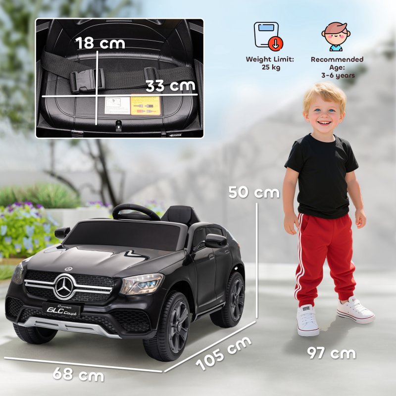 AIYAPLAY Mercedes-Benz GLC Coupe Licensed Kids Ride on Car, 12V Battery Powered Kids Electric Car with Remote Control, Soft Start, LED Light, Music, MP3, 3 Speed, for 3-6 Years, Black