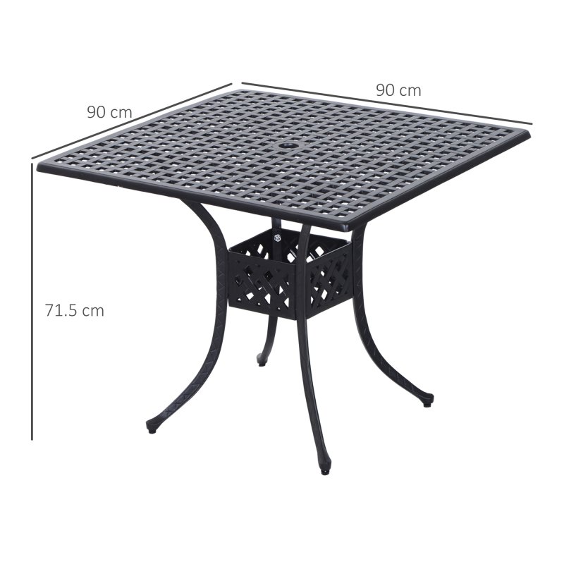 Outsunny 90 x 90cm Square Garden Dining Table with 46.5mm Dia. Umbrella Hole, Cast Aluminium Outdoor Dining Table, Grid Motif Outdoor Table for Garden, Patio, Porch, Black