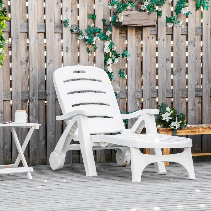 Outsunny Folding Sun Lounger with Wheels, 5-Position Adjustable Outdoor Deck Chair Furniture, Garden Beach Patio Pool Lounger Recliner Seat, White