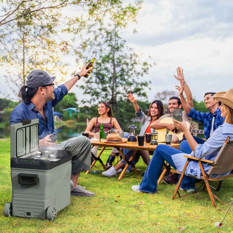 Outsunny 45L Car Fridge Freezer Dual Zone, Portable Camping Fridge 12V/24V DC & 100-240V AC, Electric Cool Box -20°C-20°C with Wheels and LED Light, for Travel, RV, Road Trip, Picnic