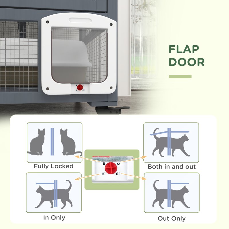 PawHut Cat Cage House, Catio Cat Indoor Enclosure on Wheels, Weather-Resistant Wooden Kitty Cage with Platforms, Hammock, Light Grey