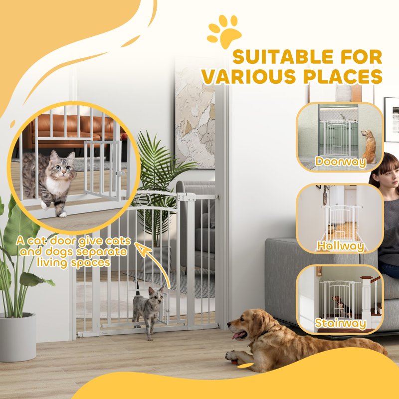 PawHut Dog Stair Gate 96cm Extra Tall Height, 76-104cm Adjustable Width Pressure Fit Safety Gate with Cat Door, 7cm and 14cm Extensions for Stairs, Doorways, Easy Installation, White