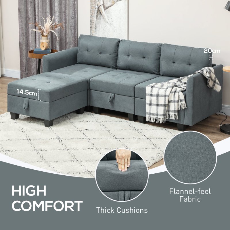 HOMCOM Convertible Modular Sectional Sofa with Storage, Tufted 3 Seater Sofa Set, L Shaped Couch with Ottoman, Wood Frame for Living Room