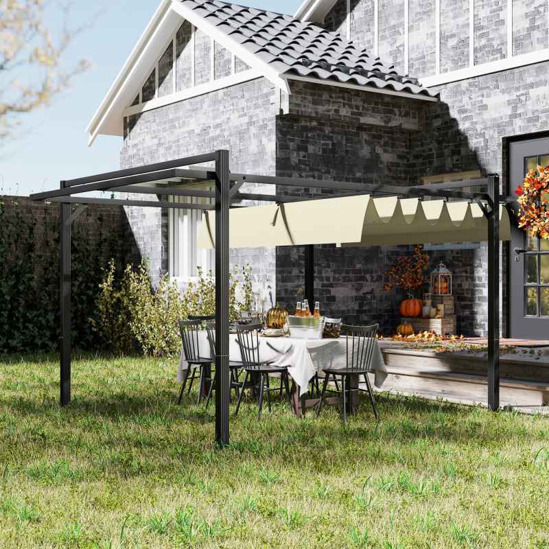 Outsunny 3 x 4m Pergola with Retractable Roof Canopy, Aluminium Frame Garden Gazebo Outdoor Sun Shade Shelter for Grill, Patio, Deck, Khaki