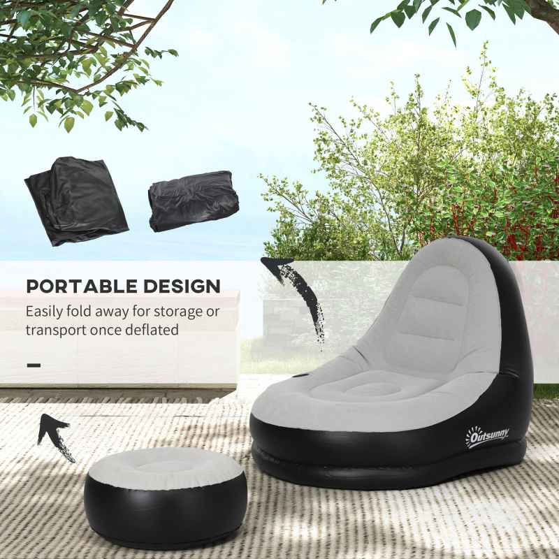 Outsunny Inflatable Chair and Footstool, Inflatable Sofa Lounger with Soft Plush Fabric and Cup Holder, for Camping, Gaming, Reading and Movie Watching, Grey