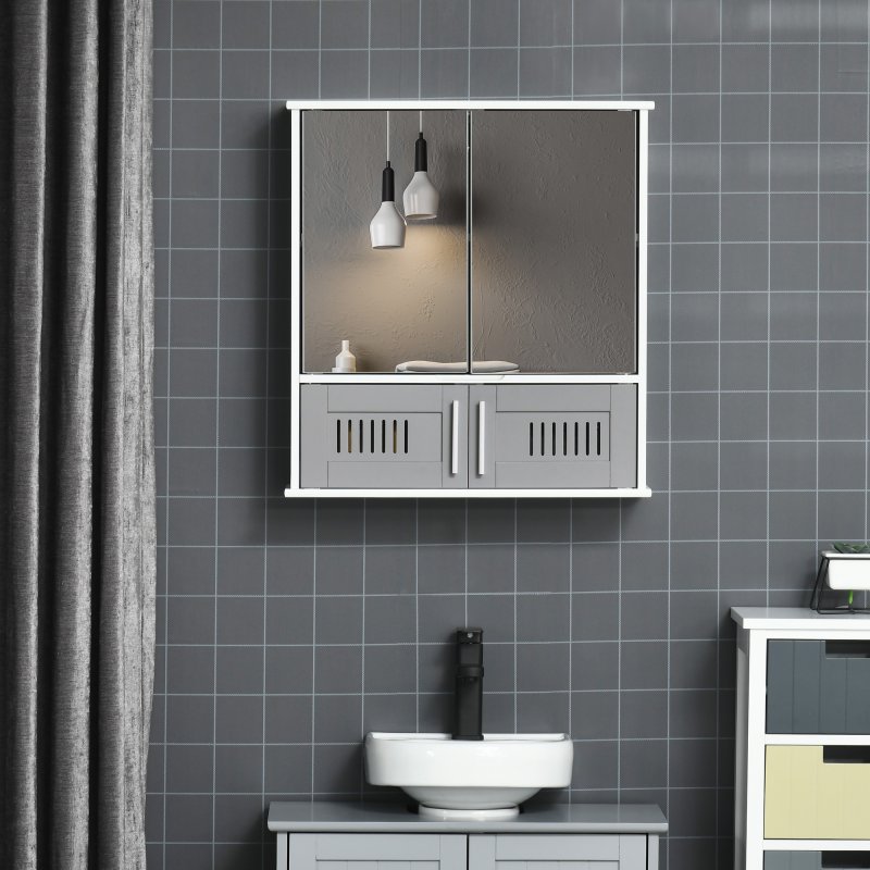 kleankin Bathroom Mirror Cabinet, Wall Mounted Storage Cupboard with Double Doors and Adjustable Shelf, Bathroom Organizer