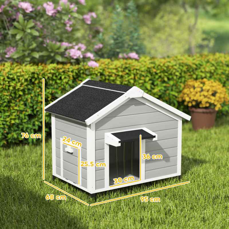 PawHut Dog House Wooden Dog Kennel Outdoor with Openable Asphalt Roof, Removable Floor, Door Curtain, Elevated Feet, for Medium Breeds, Light Grey