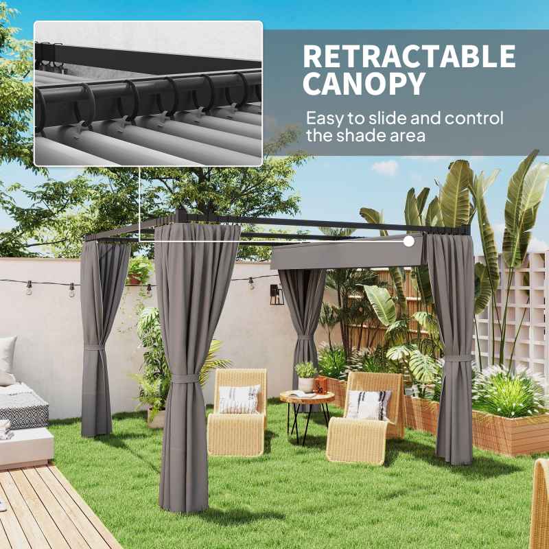 Outsunny 3 x 3(m) Pergola with Retractable Roof Canopy and Curtains, Metal Frame Garden Gazebo Outdoor Sun Shade Shelter for Grill, Patio, Deck, Light Grey