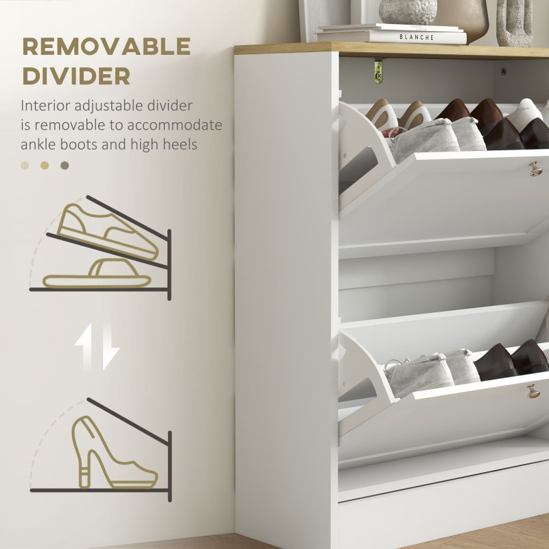 HOMCOM Slim Shoe Storage Cabinet for Hallway, Modern Narrow Shoe Cabinet with 2 Flip Drawers and Adjustable Shelves for 12 Pairs of Shoes, White