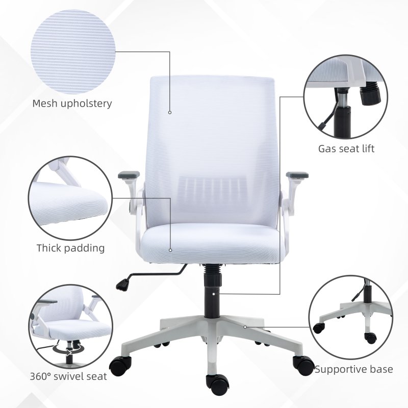 Vinsetto Mesh Office Chair, Desk Chair with Lumbar Support, Flip-up Armrest, Swivel Wheels, Adjustable Height, White