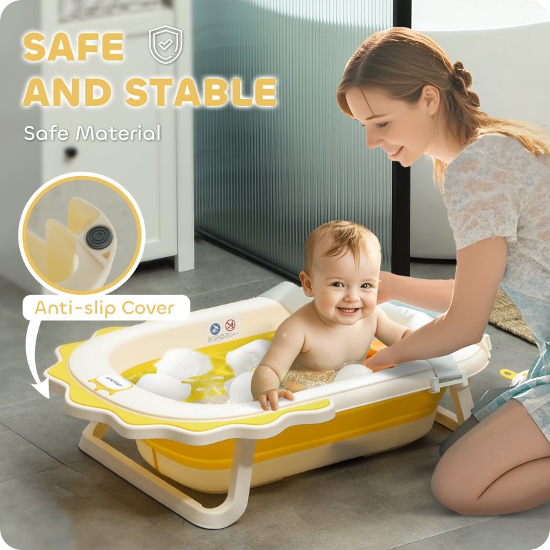 AIYAPLAY Portable Baby Bathtub Set, Foldable Baby Bath Tub with Support Cushion Pad, Wash Basin, Non-Slip Stand and Bottom, for Infants, Yellow