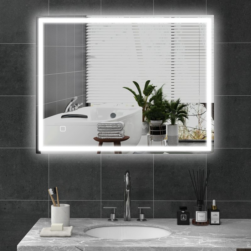 HOMCOM Bathroom Mirror with LED Lights, Illuminated Makeup Mirror with 3 Colours, Defogging Film and Memory Function, Hardwired, Horizontal or Vertical, 90 x 70cm