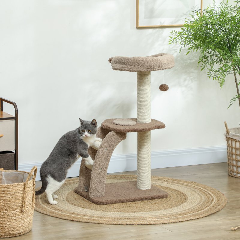 PawHut Cat Tree for Indoor Cats, 88cm Cat Tower with Sisal Scratching Post, Hanging Ball, Large Cat Perch, Stairs, Cat Activity Centre for Kitten, Brown