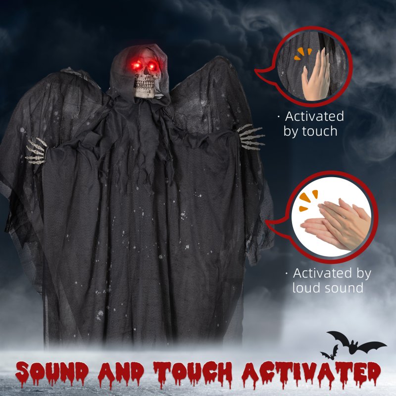 HOMCOM 195cm Winged Grim Reaper Outdoor Halloween Decoration, Halloween Animatronic with Sound Activated, Light Up Eyes, Sound Effects, Animated Prop for Haunted House