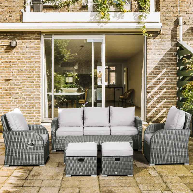 Outsunny Rattan Garden Furniture 7 Seater Sofa & Coffee Table Footstool Set Outdoor Patio Wicker Weave Reclining Chair Space-saving - Light Grey