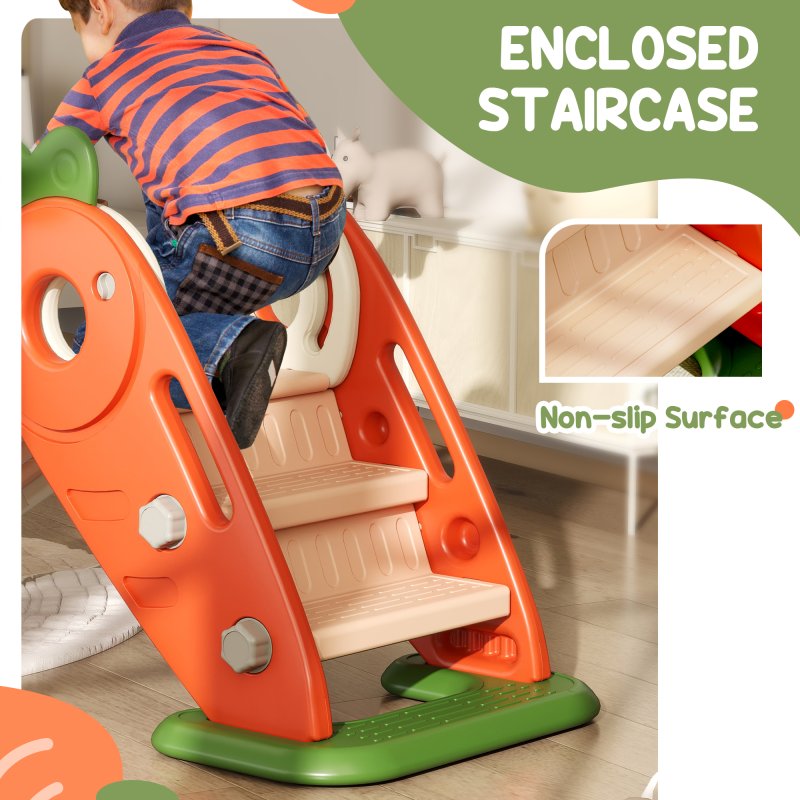 AIYAPLAY Kids Slide, 3 in 1 Foldable Toddler Slide with Basketball Hoop, Climber, Carrot-themed Indoor Slide for 1-3 Years Old, Orange