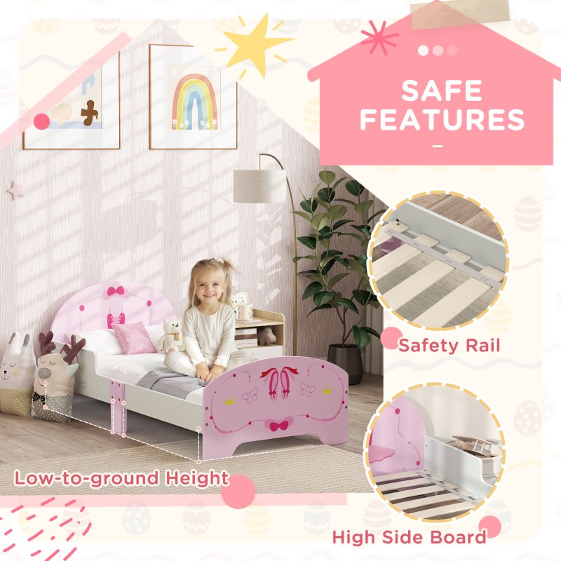 AIYAPLAY Toddler Bed Frame, Kids Bed with Safety Rails, Ballet Theme Kids Bedroom Furniture, for 3-6 Years, Pink