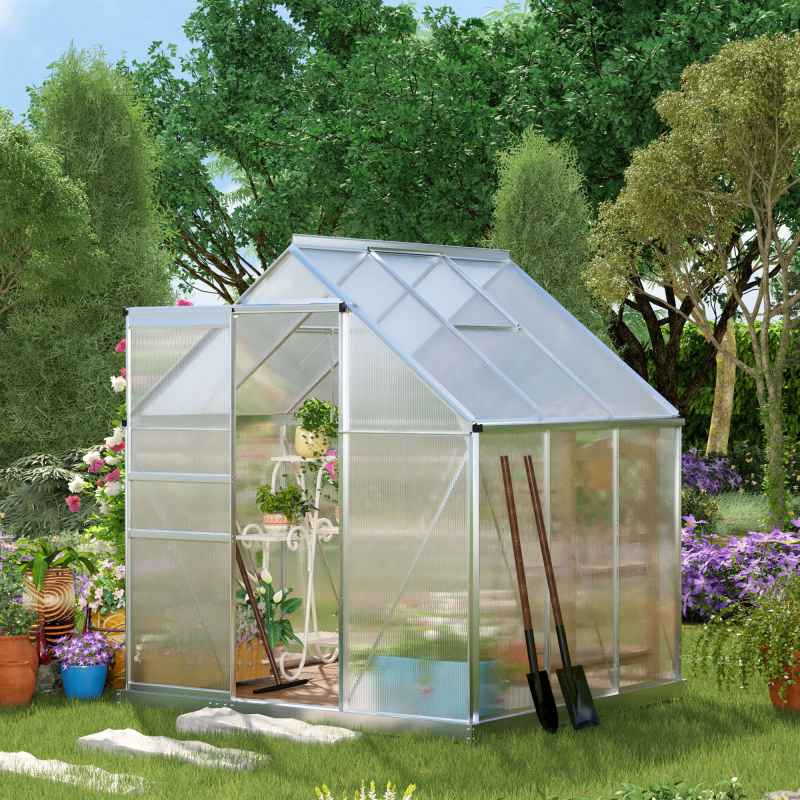 Outsunny Polycarbonate Greenhouse, Small Greenhouse with Adjustable Roof Vent, Garden Green House with Galvanised Base, Sliding Door and Rain Gutter, 190 x 190 x 200 cm, Silver Tone