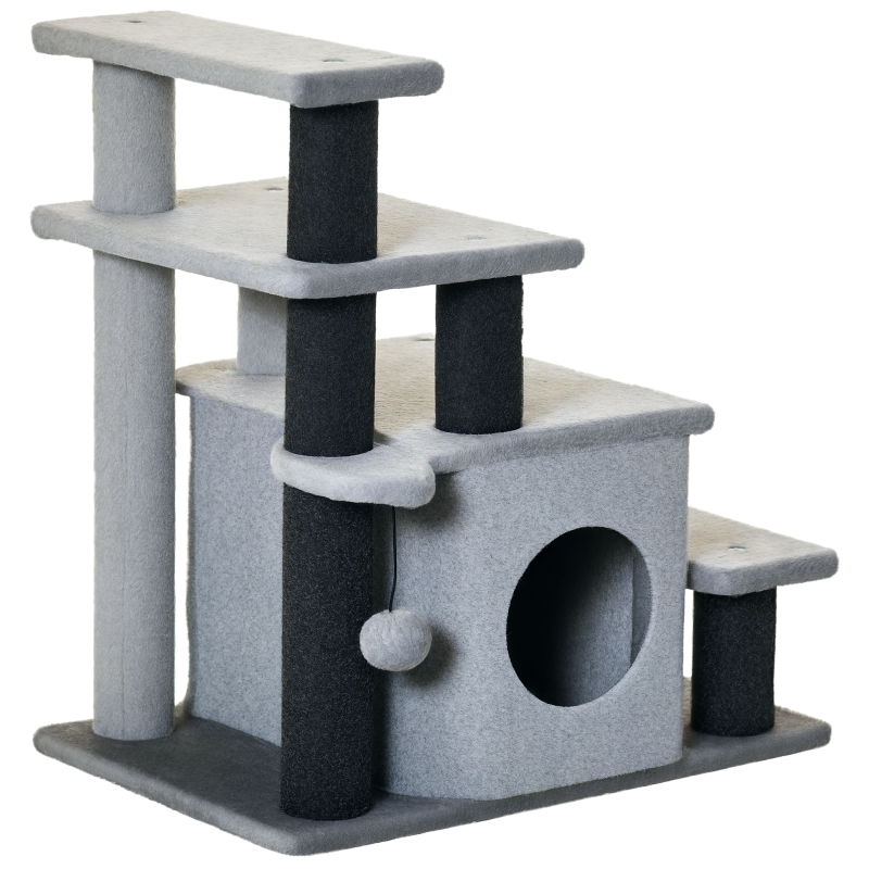 PawHut Dog Steps for Bed, 4 Step Pet Stairs with Cat House, Detachable Cover, Jute Scratching Post, Cat Climb ladder for Sofa w/ Hanging Balls  - Grey
