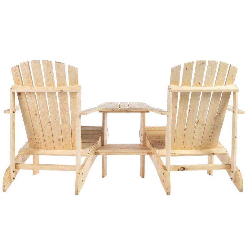 Outsunny Wooden Outdoor Double Adirondack Chairs Loveseat w/ Centre Table and Umbrella Hole, Garden Patio Furniture for Lounging and Relaxing, Natural
