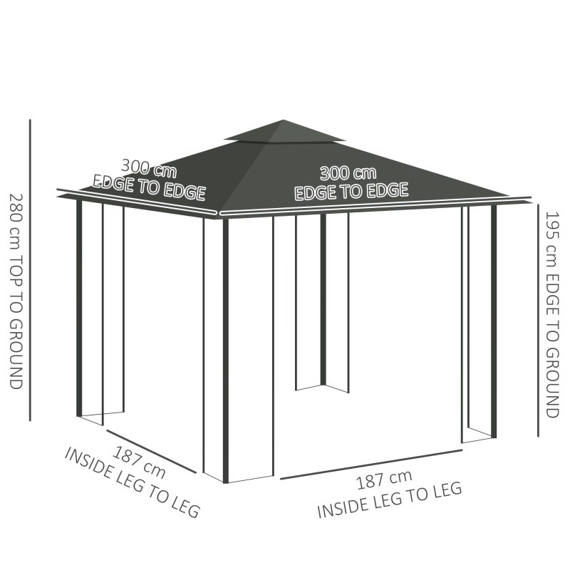 Outsunny 3(m) x 3(m) Garden Gazebo, Double Roof Outdoor Gazebo Canopy Shelter with Netting, Solid Steel Frame, for Garden, Lawn and Deck, Grey