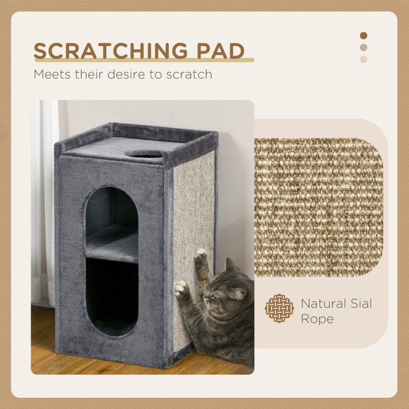 PawHut 2 Layer Cat House, Cat Beds for Indoor Cats with Scratching Pad, 81cmH, Grey