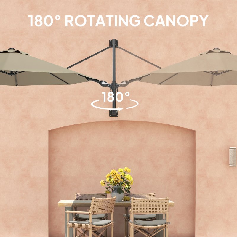Outsunny 3 M Wall Mounted Garden Parasol Umbrella with Rotate, Outdoor Market Umbrella Sun Shade Canopy with 8 Ribs, Khaki