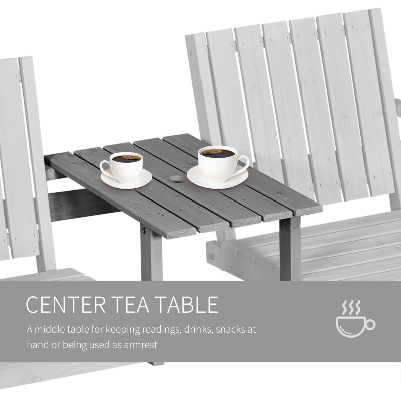 Outsunny 2-Seater Wooden Garden Bench, Antique Loveseat Chair with Table & Parasol Hole, Outdoor Bench for Porch, Patio, Grey
