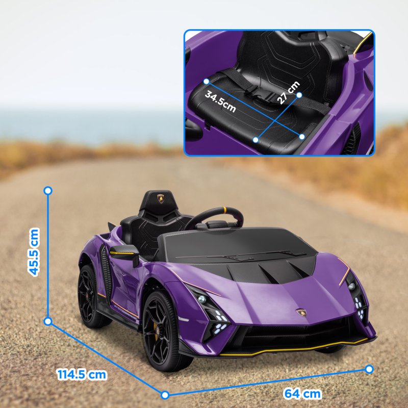 AIYAPLAY 12V Lamborghini Autentica Licensed Kids Electric Car with Butterfly Doors, Ride on Car with Remote Control, 4 Suspension Wheels, Soft Start, LED Lights, Music, Horn, Purple