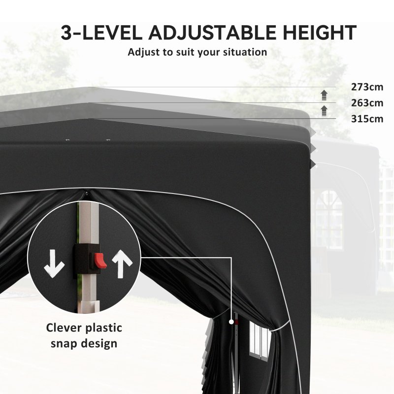 Outsunny 3 x 3(m) Pop Up Gazebo with Sides and Carry Bag, UPF50+, Height Adjustable Party Tent Instant Event Shelter for Garden, Outdoor, Patio, Black