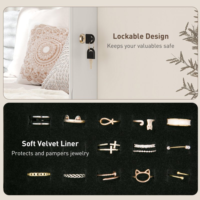 HOMCOM Jewellery Cabinet with LED Lights, Door Hanging or Wall Mounted Full Length Mirror with Storage, Lockable Jewellery Organiser, White Surface and Black Lining