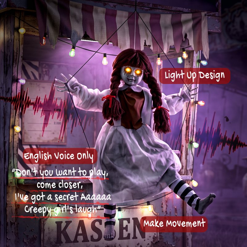 HOMCOM 32"/80cm Halloween Animated Hanging Creepy Girl on Swing Decoration, Light-Up Eyes, Sound and Touch Activated, Kicking Legs, with Rope for Haunted House Party