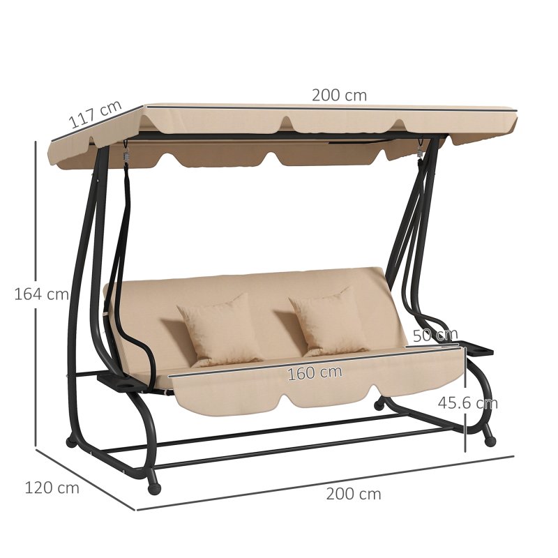 Outsunny 2-in-1 Garden Swing Seat Bed, 3 Seater Convertible Swing Chair Bench with Tilting Canopy, Cushioned Seat and 2 Pillows for Patio, Garden, Light Brown