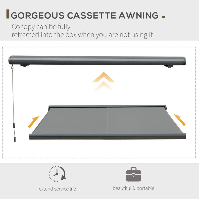 Outsunny 3x2.5m LED Light Full Cassette Case Electric/Manual Awning Door Window Sun Shade Patio Canopy Retractable w/ Remote Grey