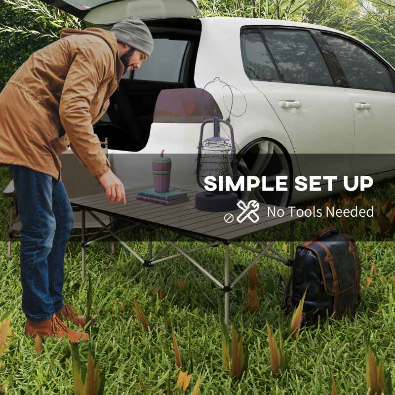 Outsunny Portable Camping Table, 3ft Lightweight Folding Aluminium Picnic Table with Roll Up Top, Carry Bag for Outdoor Camping, Picnic, Hiking, Cooking, BBQ, Fishing, Khaki