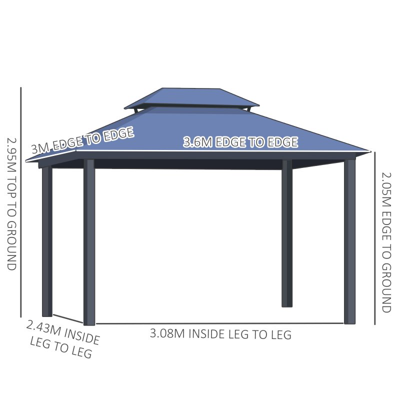 Outsunny 3 x 3.6(m) Polycarbonate Hardtop Gazebo Canopy with Double-Tier Roof and Aluminium Frame, Garden Pavilion with Mosquito Netting and Curtains